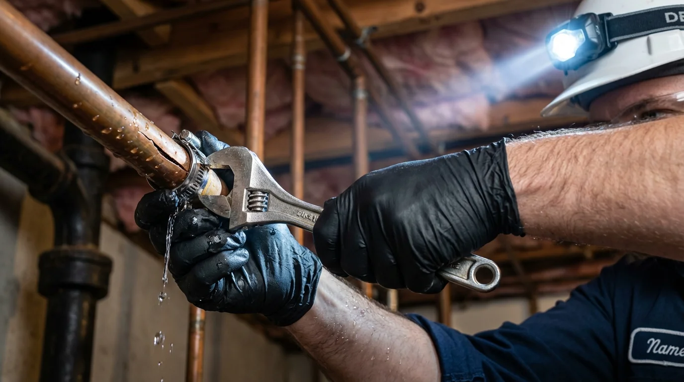 Emergency pipe clamp repair being performed by a Johns Plumbing LLC plumber in Lynden