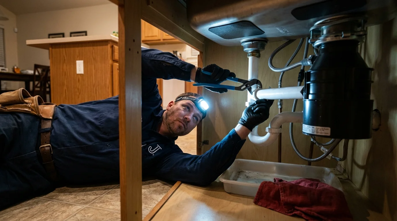 P-trap and supply line connections under a kitchen sink showing a common leak point in Lynden, WA